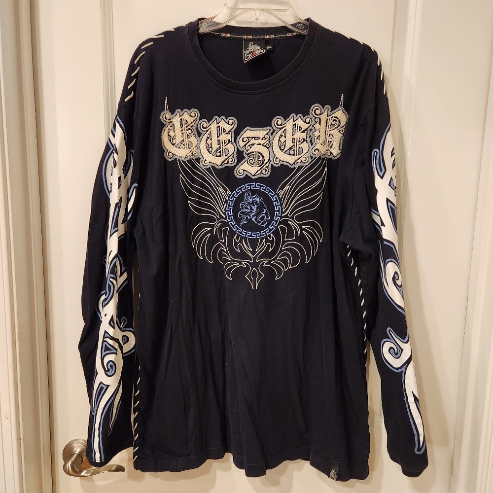 Cezer Embellished Mens Dark Blue Long Sleeve Graphic Logo Shirt